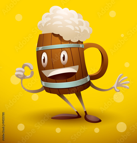 Vector mug of beer. Image of a funny cartoon wooden mugs of beer on a yellow beer background.