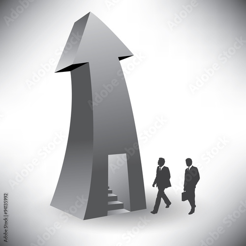 Two businessmen enter a stairway in an arrow