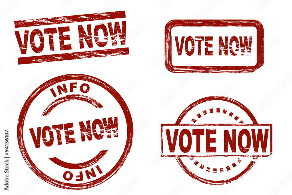 Set of stylized red stamps showing the term vote now. All on white background Set of stylized red stamps showing the term vote now. All on white background