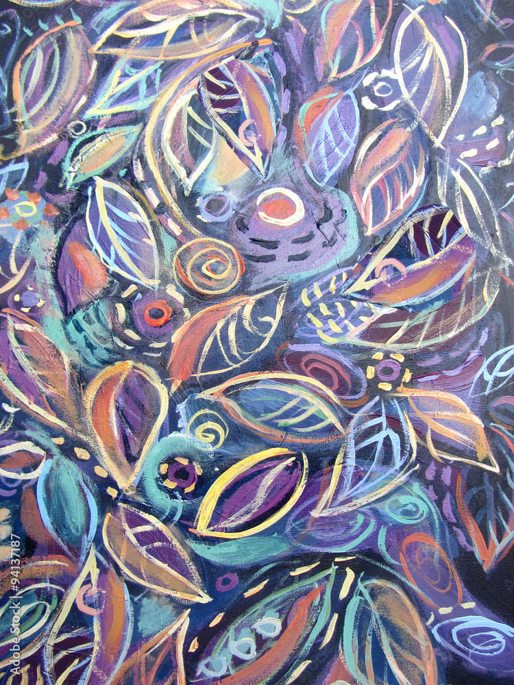 Abstract acrylic painting. Floral pattern and texture with hand drawn flowers and plants. Leaves ornament. Original floral background.