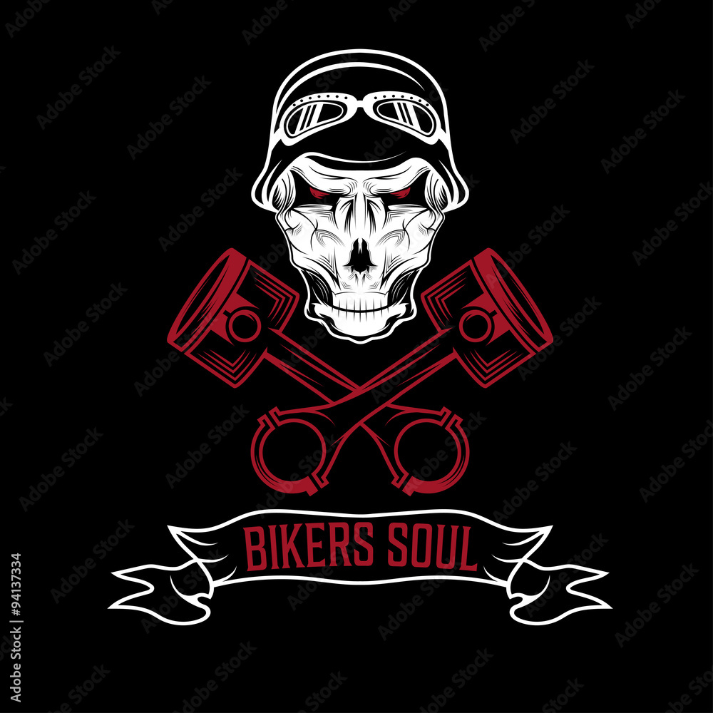 biker theme label with pistons and skulls
