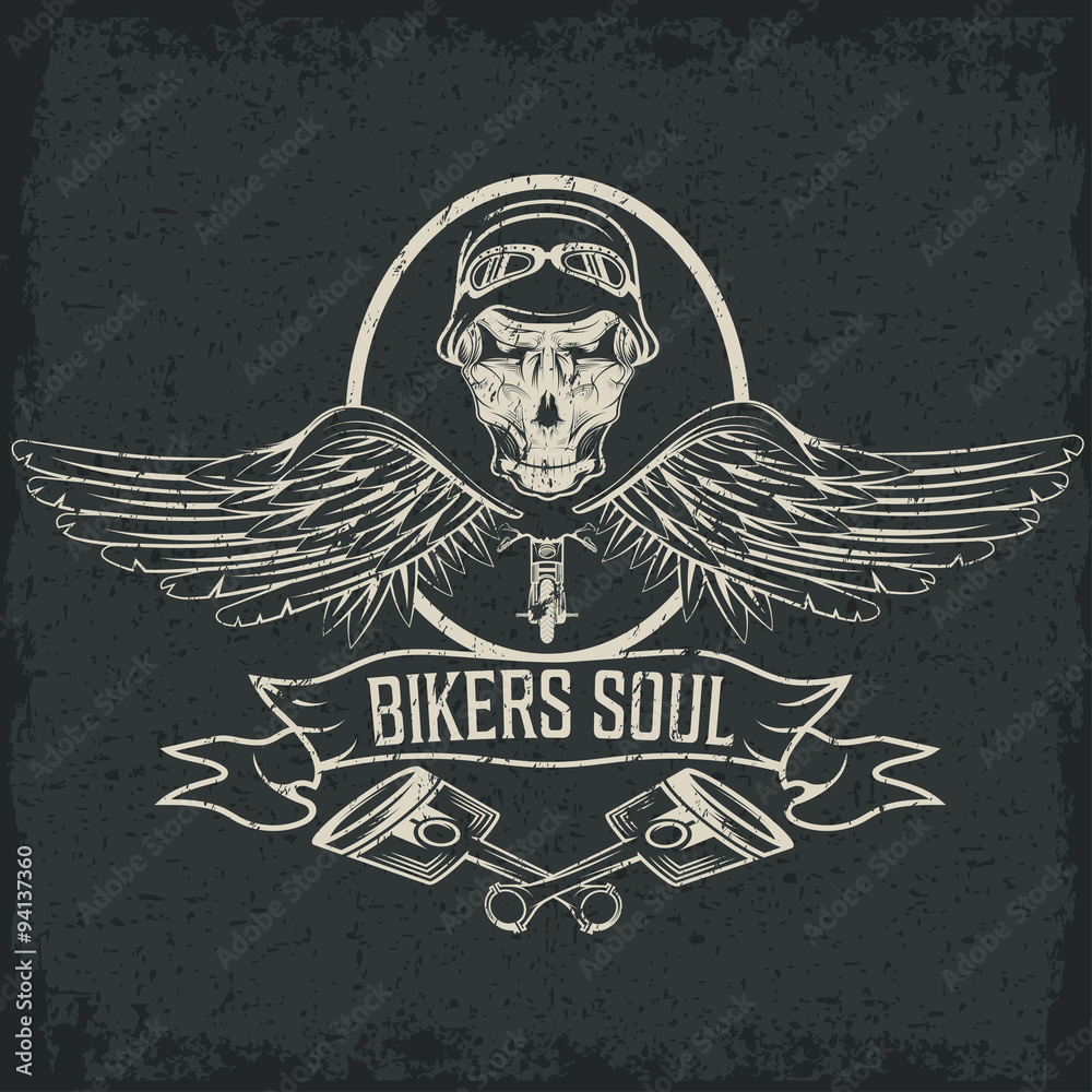 Naklejka premium biker theme label with pistons and skulls with wings
