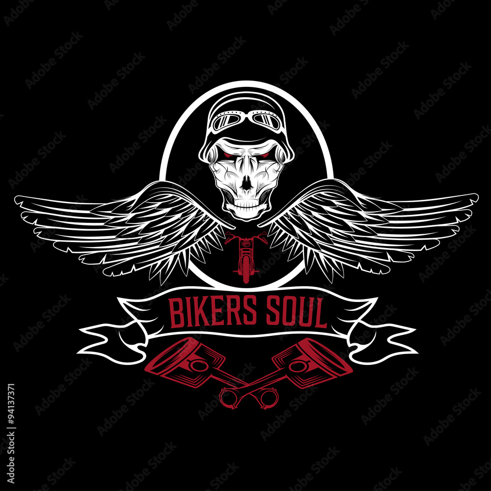 biker theme label with pistons and skulls with wings