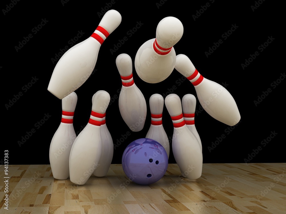 Naklejka premium Bowling ball with pins on wooden floor
