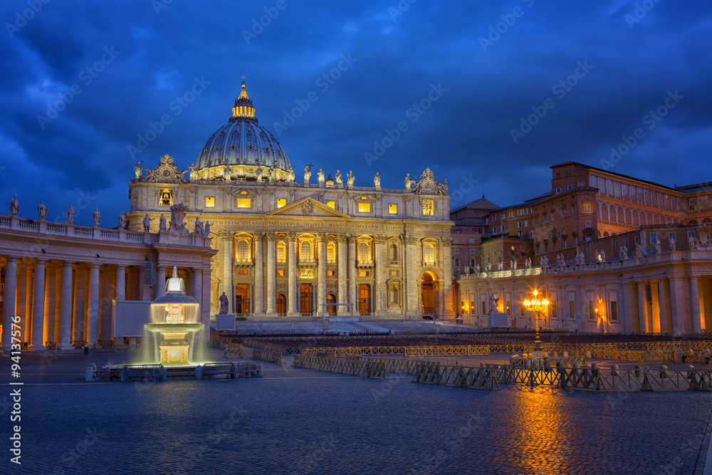 St. Peter's Cathedral and the fountain on the square early in the morning, Vatican