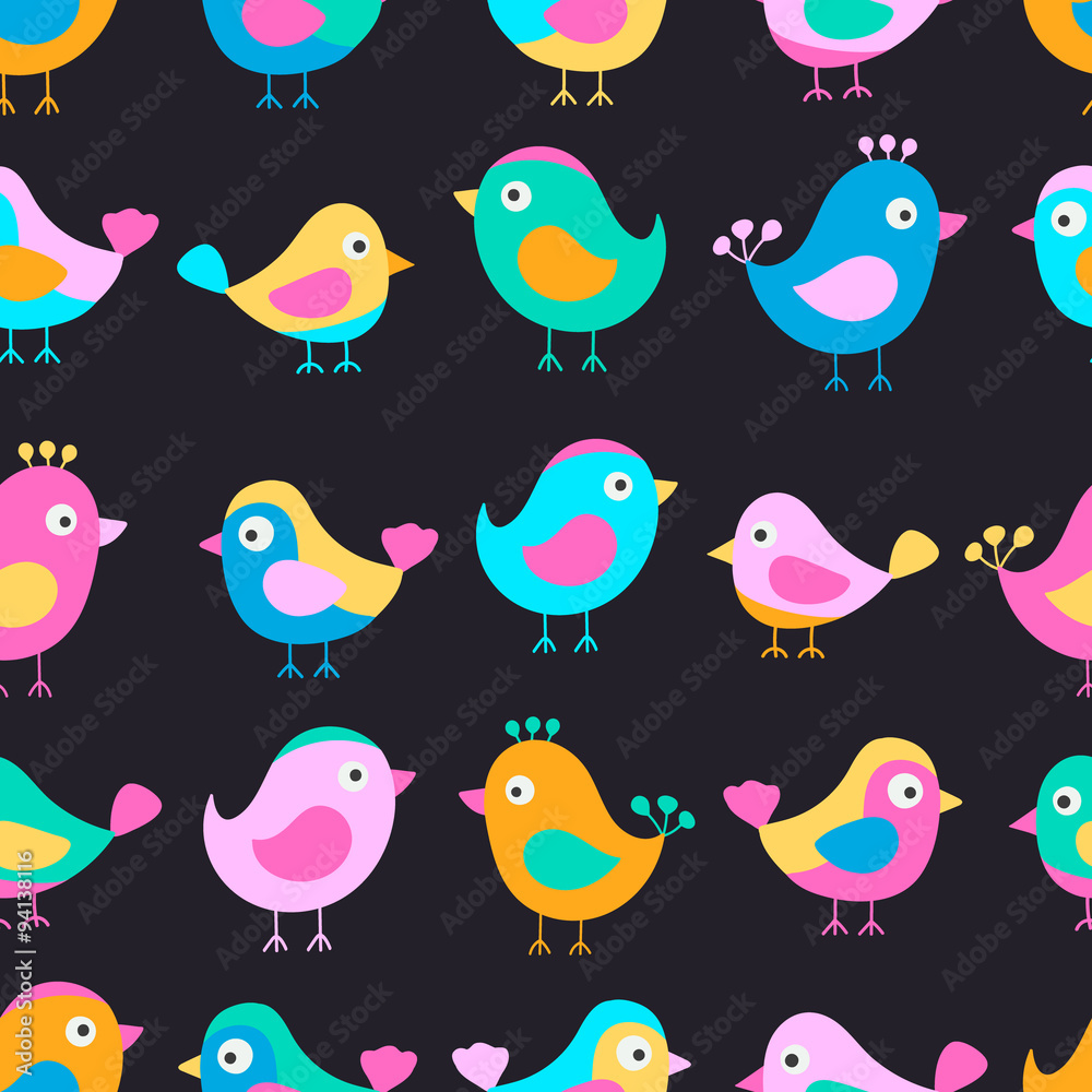 Hand drawn seamless pattern with cute birds. Fun birds for kids design. Vector. Bright colors - pink, blue, yellow, orange. On black background. Hand drawn seamless pattern with cute birds. Fun birds for kids design. Vector. Bright colors - pink, blue, yellow, orange. On black background.