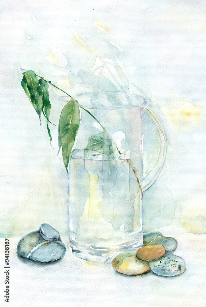 Fototapeta premium Watercolor tree branch in a jar