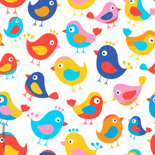 Hand drawn seamless pattern with cute birds. Fun birds for kids design. Vector. Bright colors - red  blue  pink  yellow  orange. On white background.