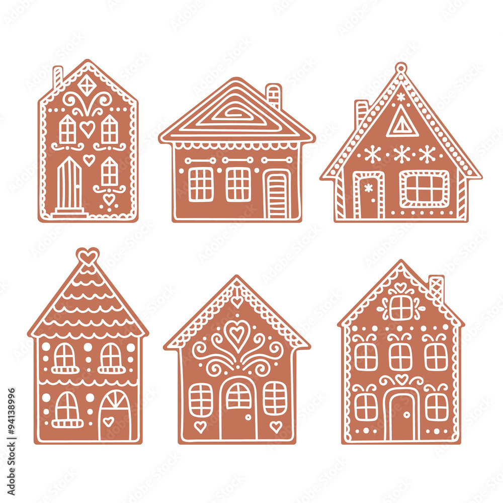 Gingerbread house. Set of vector hand drawn gingerbread houses