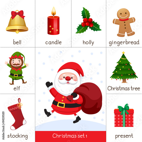 Printable flash card for Christmas set and Santa Claus