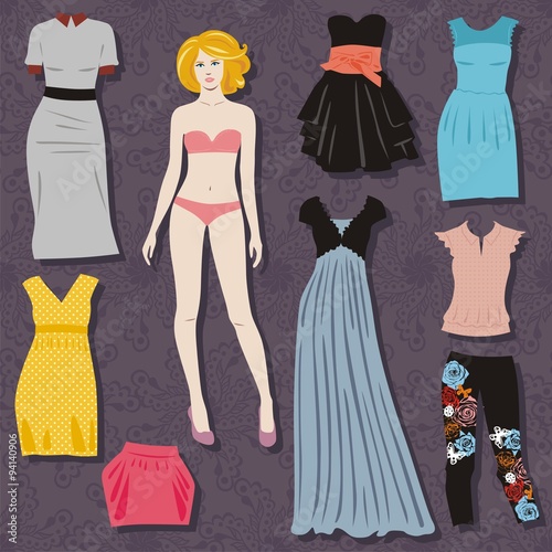 paper doll with set of cloths for cut. Vector illustration