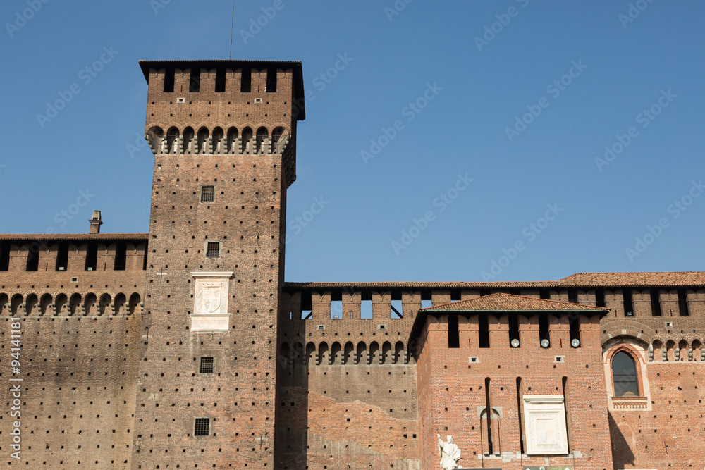 walls and towers of the 15th century Sforza Castle, Milan, Italy