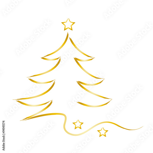 Frohe Weihnachten, xmas, x mas, Goldener Weihnachtsbaum mit Sternen, Motiv für eine Grusskarte und Einladung zur Weihnachtsfeier, gemeinsam in Familie feiern, Vektor isoliert