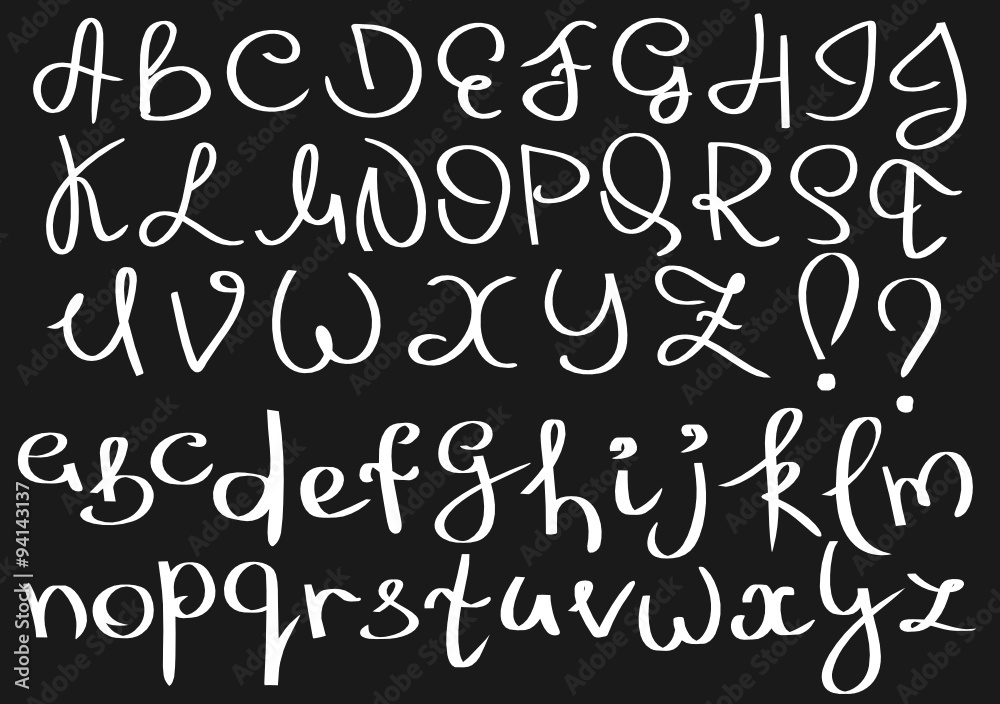 Unusual curved english alphabet. White uppercase, lowercase letters, exclamation point and question mark isolated on a black background. Unusual curved english alphabet. White uppercase, lowercase letters, exclamation point and question mark isolated on a black background.