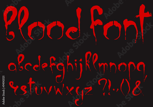 Bloody alphabet set. Lowercase dark red stylized hand drawn letters and most important punctuation marks isolated on a black background. Ideal font for a halloween party posters and invitations.