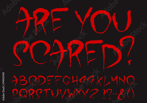 Bloody alphabet set. Uppercase dark red stylized hand drawn letters and most important punctuation marks isolated on a black background. Ideal font for a halloween party posters and invitations.