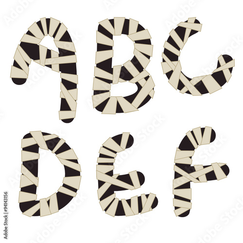 Unusual mummy style alphabet. Hand drawn dark grey letters wrapped with beige bandages isolated on white background. Ideal font for a halloween party posters and invitations.