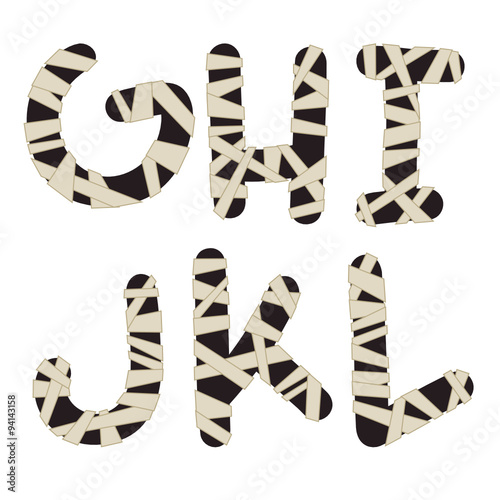 Unusual mummy style alphabet. Hand drawn dark grey letters wrapped with beige bandages isolated on white background. Ideal font for a halloween party posters and invitations.