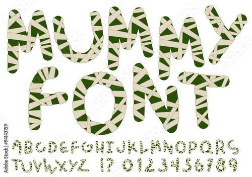 Unusual mummy style alphabet. Hand drawn dark green letters and numbers wrapped with beige bandages isolated on white background. Ideal font for a halloween party posters and invitations.