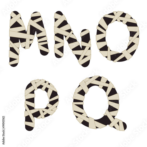 Unusual mummy style alphabet. Hand drawn dark grey letters wrapped with beige bandages isolated on white background. Ideal font for a halloween party posters and invitations.