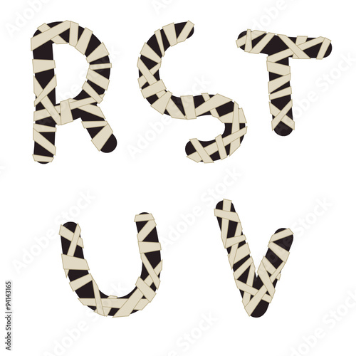 Unusual mummy style alphabet. Hand drawn dark grey letters wrapped with beige bandages isolated on white background. Ideal font for a halloween party posters and invitations.