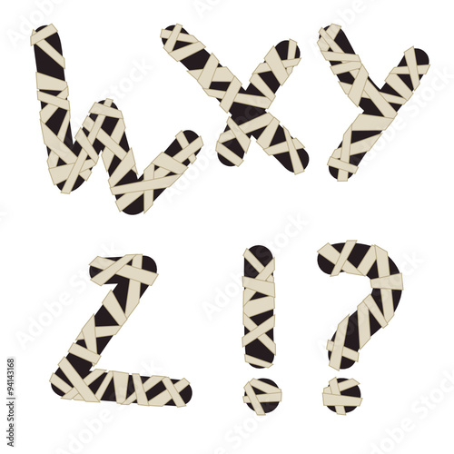Unusual mummy style alphabet. Hand drawn dark grey letters wrapped with beige bandages isolated on white background. Ideal font for a halloween party posters and invitations.
