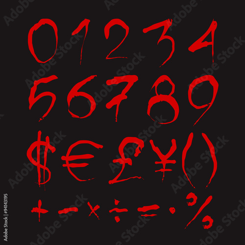 Set of Bloody numbers. Dark red stylized hand drawn numbers and most important mathematical signs isolated on a black background. Ideal font for a halloween party posters and invitations.