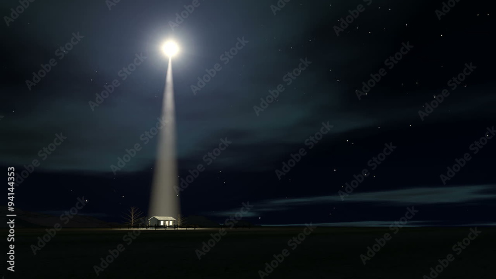 A slow zoom towards a depiction of the nativity scene of christs birth in bethlehem with the isolated run down stable being lit by a bright star