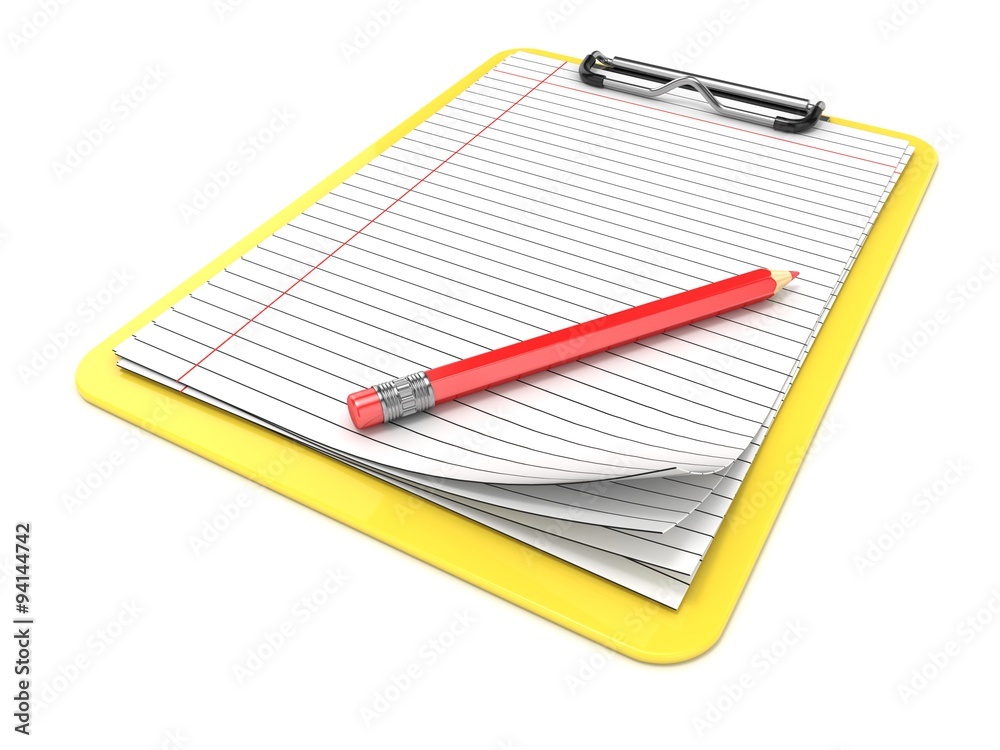 Yellow clipboard and blank lined paper. 3D render illustration isolated on white background Yellow clipboard and blank lined paper. 3D render illustration isolated on white background