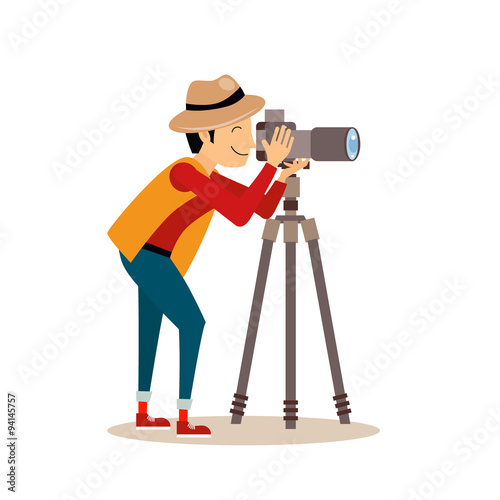 Photographer with Tripod in Flat Style. Vector Illustration