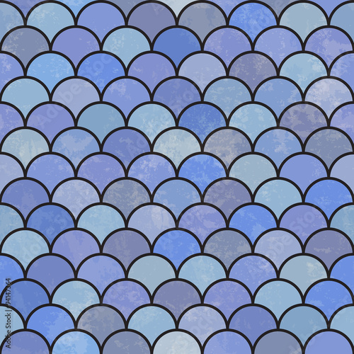 Blue asian fish scale retro pattern. Grunge and seamless. Grunge