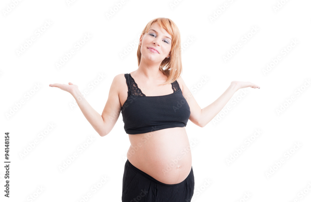 Pregnant woman holding both palms up on white copy space