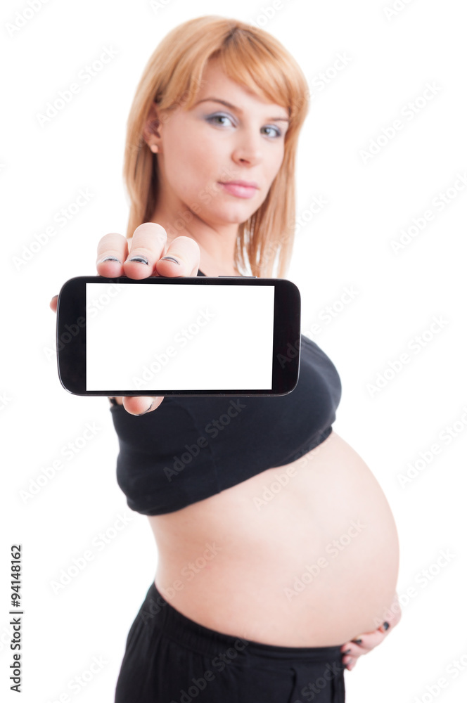 Pregnant woman showing smartphone with blank screen for copy spa Pregnant woman showing smartphone with blank screen for copy spa