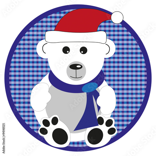 polar bear with scarf on dark blue button on white background