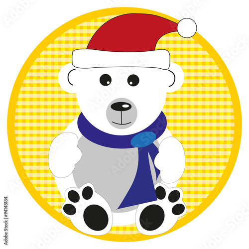polar bear with scarf on yellow button on white background