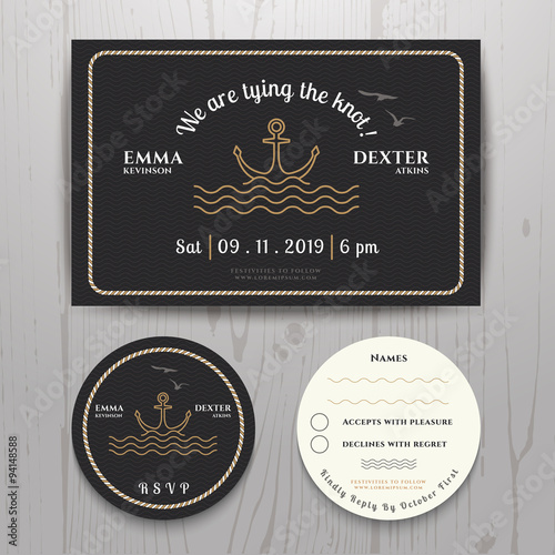 Nautical sea anchor wedding invitation and RSVP card template set