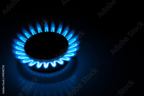 burning gas stove hob blue flames close up in the dark on a black background
 photo