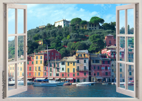 Fototapeta pióro okno widok do starego Portofino, Włochy