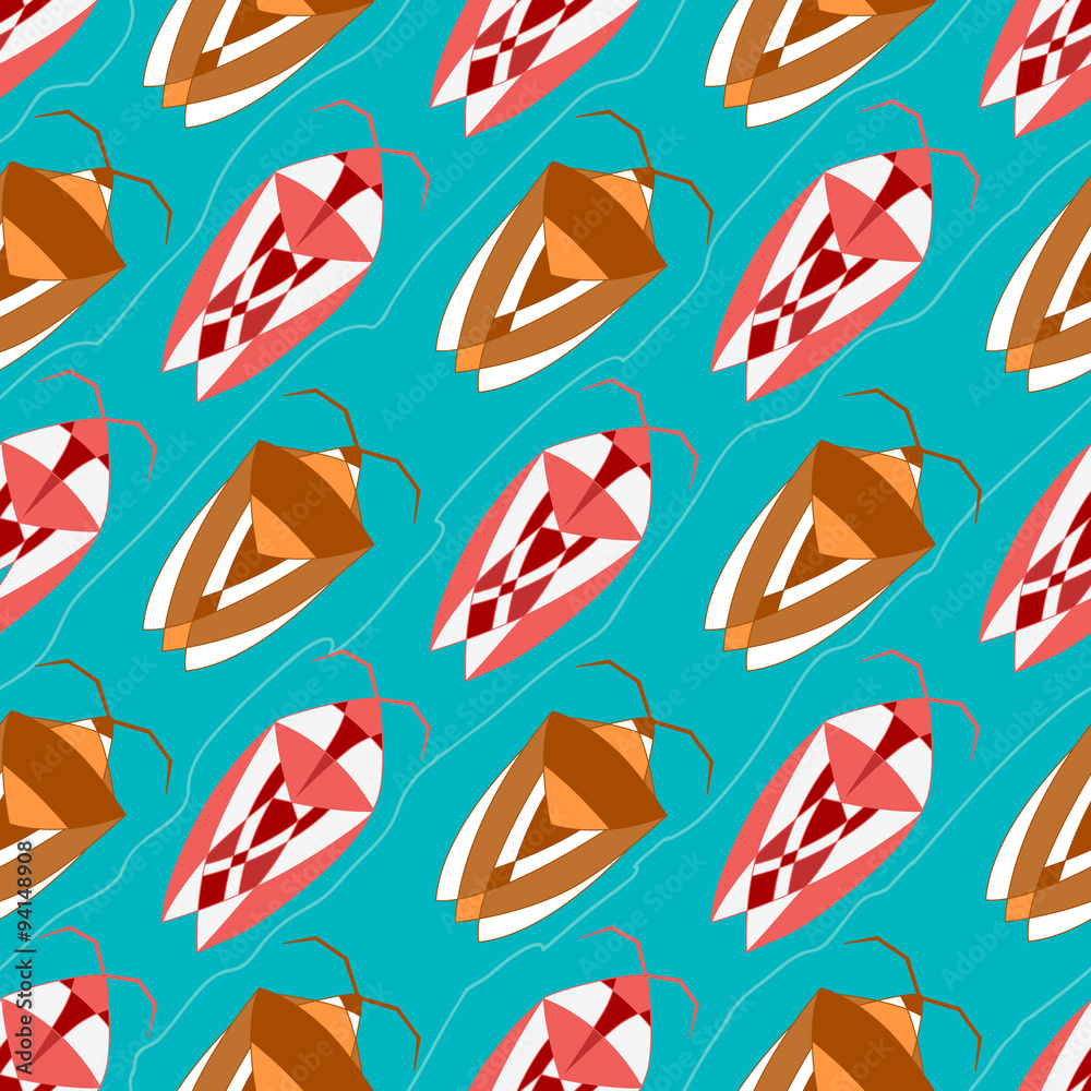 Vector seamless pattern with bright bugs on a turquoise background Vector seamless pattern with bright bugs on a turquoise background