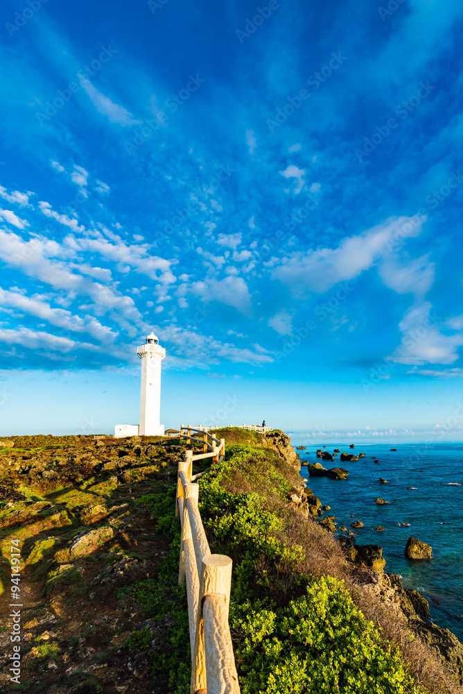 Obraz premium Sea, lighthouse, landscape. Okinawa, Japan, Asia.
