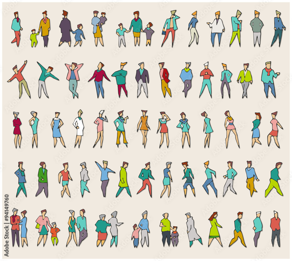 Stylish colored silhouettes of people. Big people set in flat style. 71 of designer figures, characters for the illustration of citizens, townsfolk and their life. Vector.