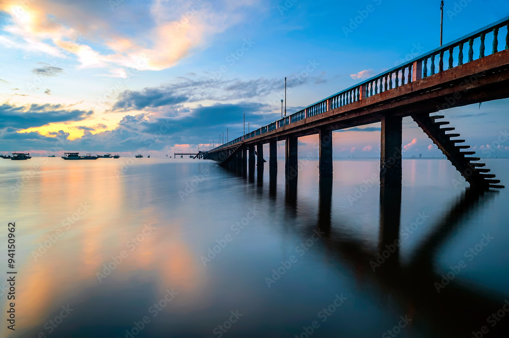 The bridge on the beach in sunrise, Tien Giang province, Vietnam