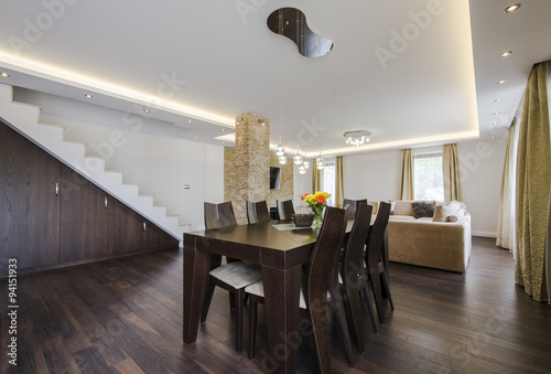 Modern dining area between the living room and kitchen. 
 photo