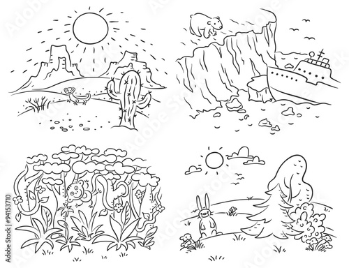 Set of four different climatic zones - desert, Arctic, jungle and moderate climate
