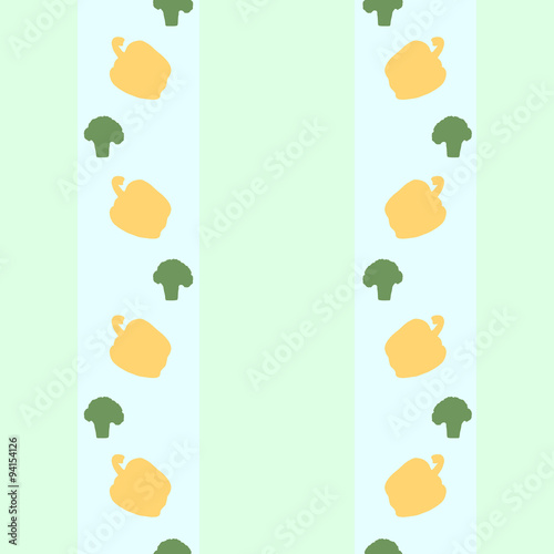 Seamless pattern with broccoli and yellow bell peppers, vector, wallpaper