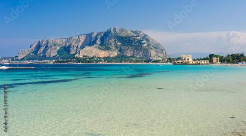 Panoramic view of Mondello shoreline, Sicily, Italy.