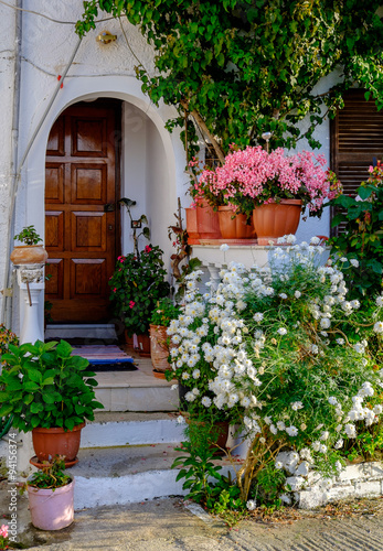 Fototapeta Naklejka Na Ścianę i Meble -  A beautiful greek house up a hill surrounded wirh blooming flowers, Corfu, Greece.