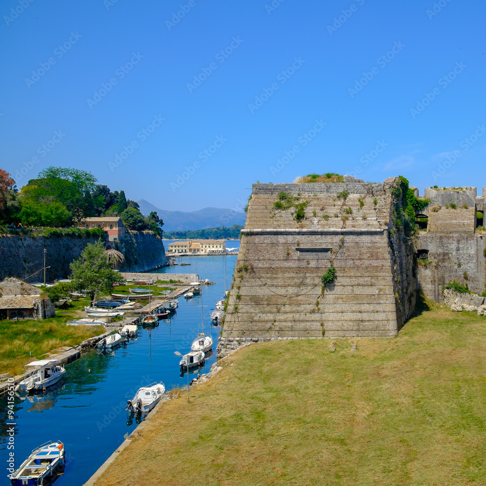Ditch and walls of Corfu Old Fortress, Corfu Island, Greece.