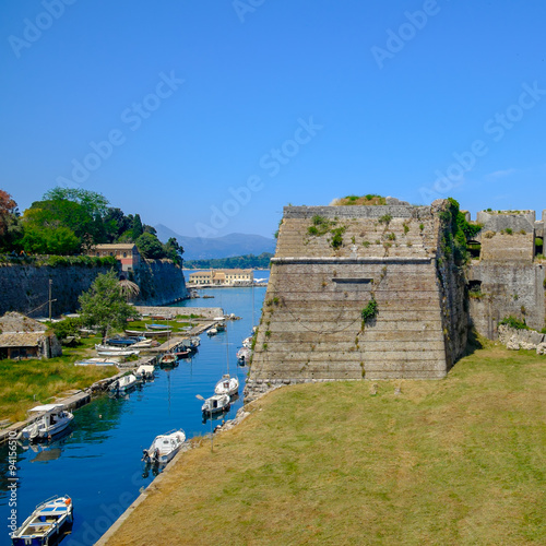 Ditch and walls of Corfu Old Fortress, Corfu Island, Greece.