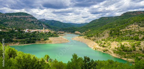 Stunning view of Puebla de Arenoso and Mijares river, Spain.